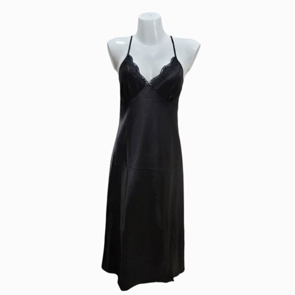Black Satin Gown Slip Dress L